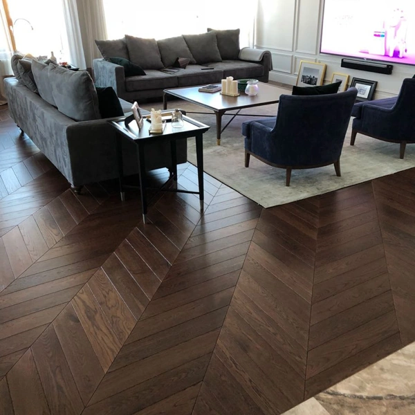 Espresso chevron wood floors in a luxury lounge