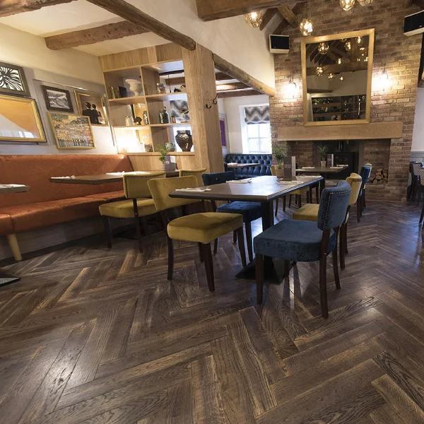 Rustic chevron wood floors in a restaurant